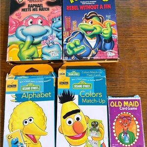 Kids stuff - Teenage Turtles VHS,Sesame Street Flash Cards & Old Maid Card Game